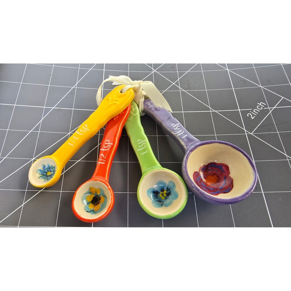 Floral Ceramic Measuring Spoons Set Colorful Hand Painted Kitchen Decor 4 Piece
